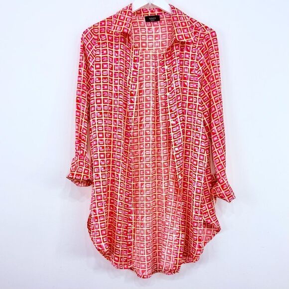 VICI Brenleigh Pink Red Geometric Print Poly Satin Button Down Tunic Mini Dress - Picture 4 of 16